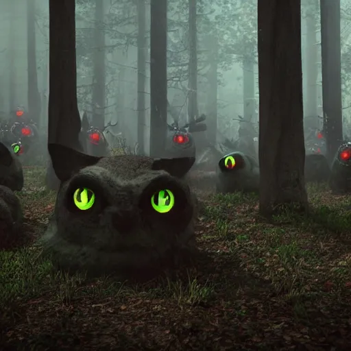 Prompt: An octane render of many pairs of red glowing eyes in a dark forest, extremely detailed, scary, horror, suspense, Unreal engine, 8k render, cinematic, dark, dreary