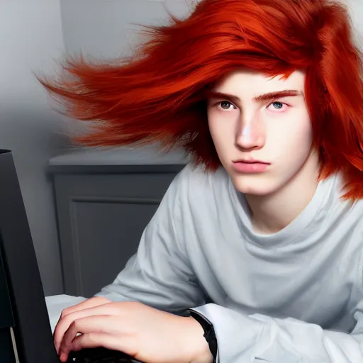 Prompt: a teenage boy red-haired long-haired, sitting at a desk with a computer, in a white room, Charlie Bowater, 8k, sharp focus