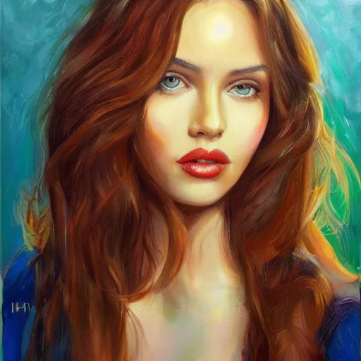 Prompt: beautiful portrait face centre oil on canvas of brunette with wavy hair Lilli Hollunder, art by Alina Ivanchenko, Rob Ross, WLUP, artgerm