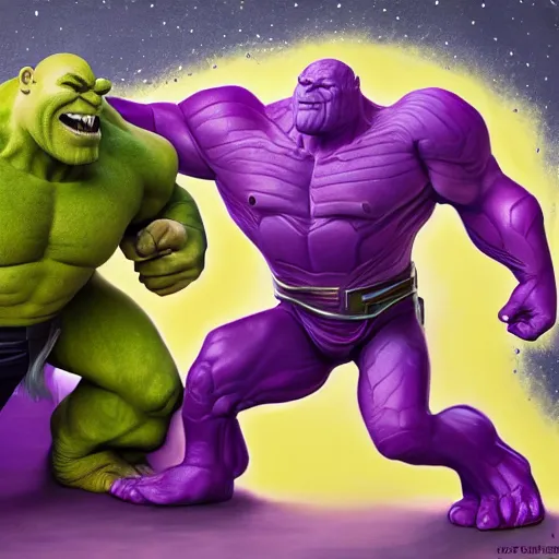 Prompt: Thanos fighting against Shrek, trending on artstation, oil on canvas