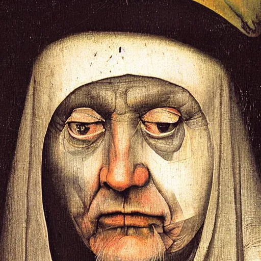 Prompt: close up on queen elizabeth face painted as a poor beggar by hieronymus bosch