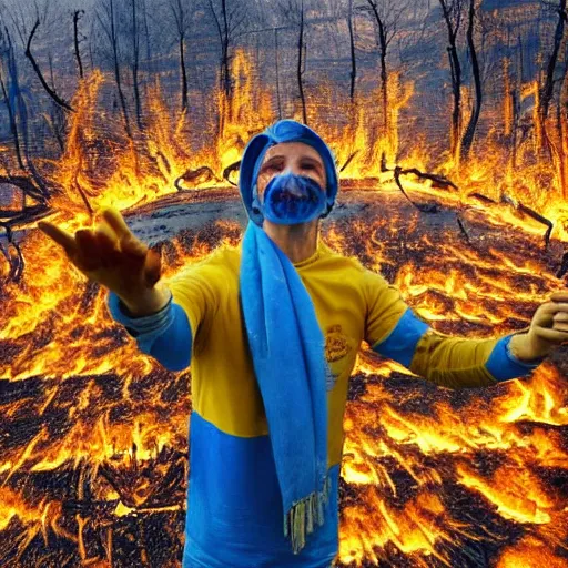 Image similar to , funny and frightened ukrainian burned to bones bleeding in dirty yellow and blue rags on the background of a huge nuclear explosion selfie 2 0 2 2