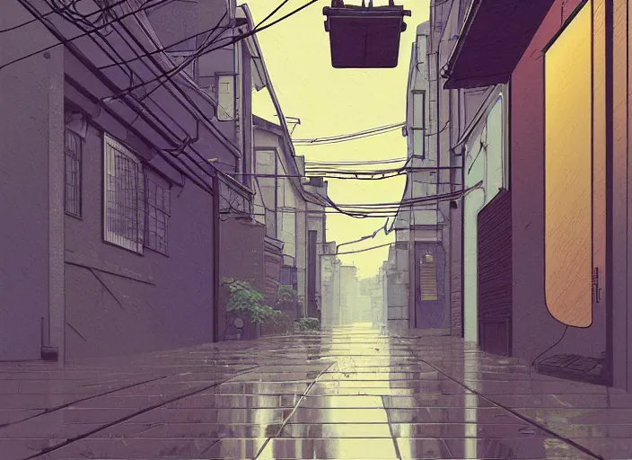 Prompt: window in foreground!!! tokyo alleyway, rainy day, by cory loftis, makoto shinkai, hasui kawase, james gilleard, beautiful, serene, peaceful, lonely, golden curve composition