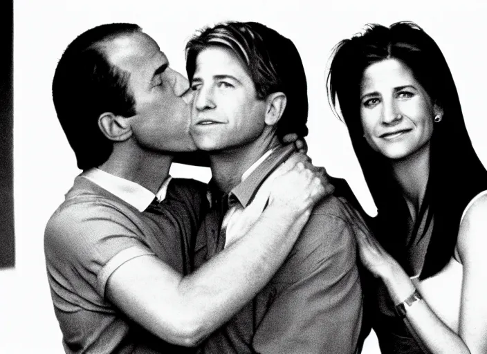 Image similar to film still of joe biden kissing rachel green on the cheek in the show friends