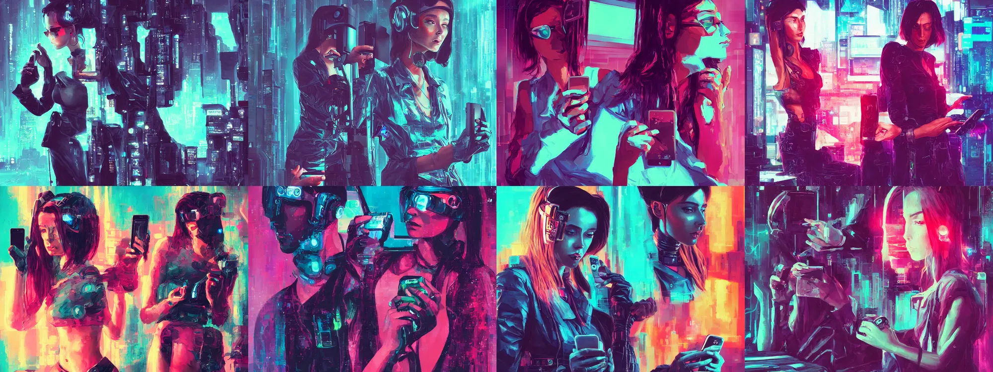 Prompt: a painting of a woman holding a cell phone, cyberpunk art by lawrence harris, behance contest winner, computer art, retrowave, synthwave, future tech