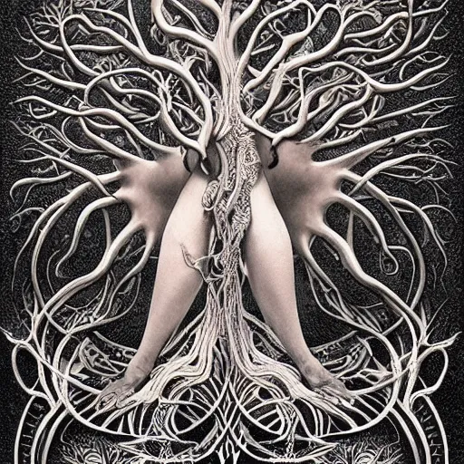 Prompt: a highly detailed tattoo outline of woman shaped like the tree of life with arms as branches and fingers for leaves, by roger dean and andrew ferez, art forms of nature by ernst haeckel, divine chaos engine, symbolist, visionary, art nouveau, organic fractal structures, surreality, detailed, realistic, ultrasharp