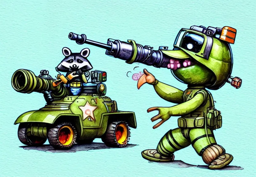 Image similar to cute and funny, racoon wearing army helmet riding in a tiny t 1 4 tank with large cannon, ratfink style by ed roth, centered award winning watercolor pen illustration, isometric illustration by chihiro iwasaki, edited by range murata