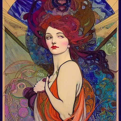 Image similar to The Goddess of Art, paint, ink, palettes, spectrum, in the style of Joshua Middleton, Mucha, Kandinsky