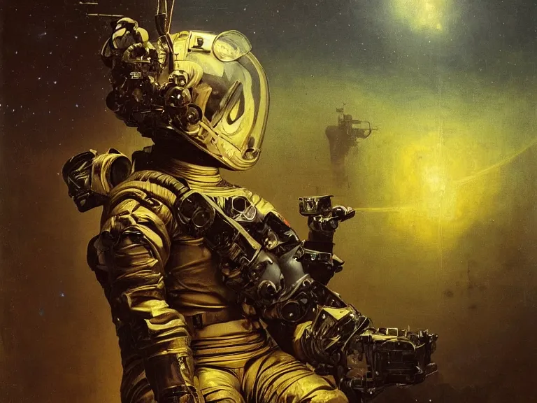 Image similar to a detailed profile oil painting of an advanced soldier in a spacesuit with reflective helmet, advanced technology flight suit, portrait symmetrical and science fiction theme with aurora lighting clouds and stars by beksinski carl spitzweg and tuomas korpi. baroque elements, full-length view. baroque element. intricate artwork by caravaggio. Trending on artstation. 8k