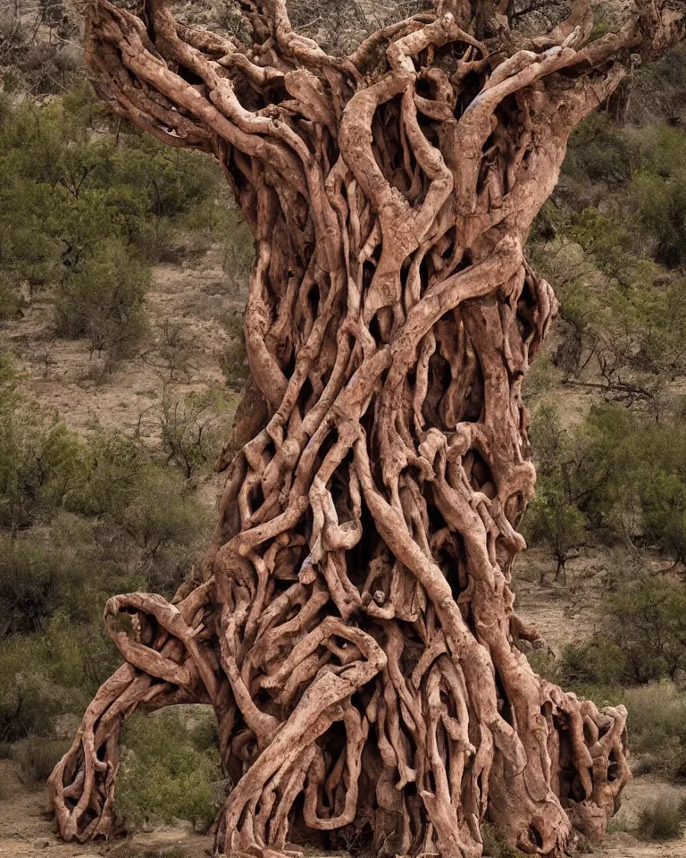 Image similar to Book cover of a giant mythical wretched tree made of human flesh, limbs and bones growing in the middle of a desert canyon seen from afar.