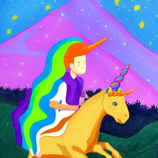 Image similar to Vitalik Buterin riding a unicorn, colorful painting