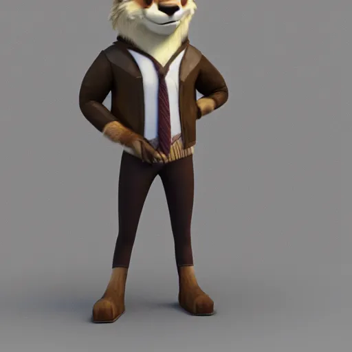 Image similar to far shot, 3d render , anthropomorphic wolf male , wearing along brown leather jacket , in the style of Zootopia