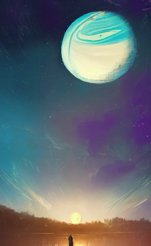 Prompt: a beautiful illustration of jupiter at night, art of alena aenami, featured on artstation, vertical orientation, paint brush strokes, expressionism, brushstroke - laden, breathtaking clouds, birds, ocean, beautiful stars, long exposure, big moon radius, airy midnight theme, blue purple gradient, lens flare