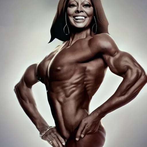 Prompt: Diana ross with the physique of a body builder, hyper realistic ,ultra detailed, cinematic, dynamic lighting, photorealistic, refined, intricate, digital art, masterpiece, 8k