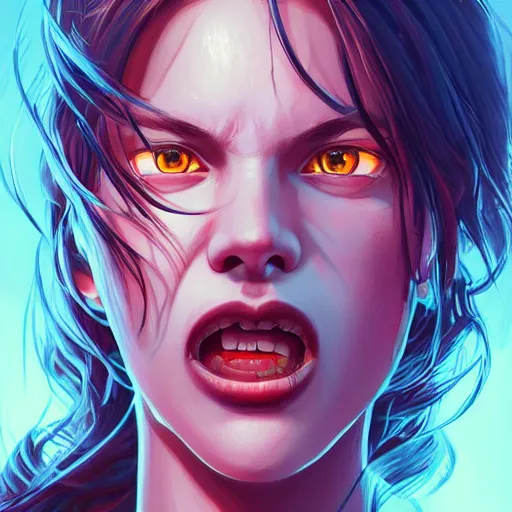 Prompt: wide open female mouth, close - up, defiant, light effect, 8 k, hyper detailed, intricate, elegant, highly detailed, digital painting, artstation, concept art, matte, sharp focus, illustration, by dan mumford, yusuke murata, makoto shinkai, ross tran