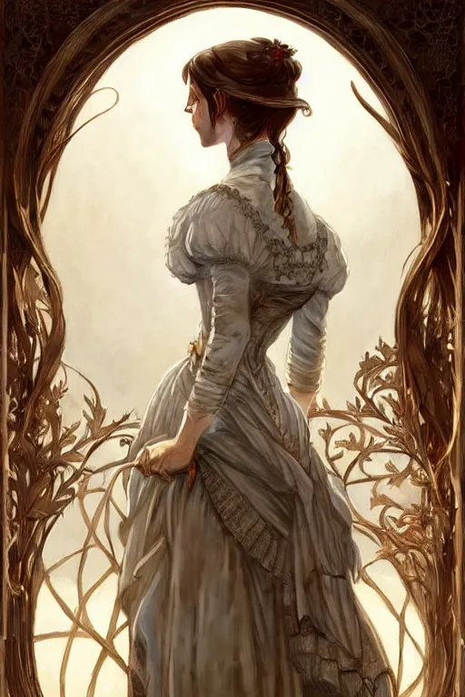 Prompt: Emma Watson dressed in a victorian fashion, D&D, fantasy, intricate, elegant, highly detailed, digital painting, artstation, concept art, matte, sharp focus, illustration, art by Artgerm and Greg Rutkowski and Alphonse Mucha