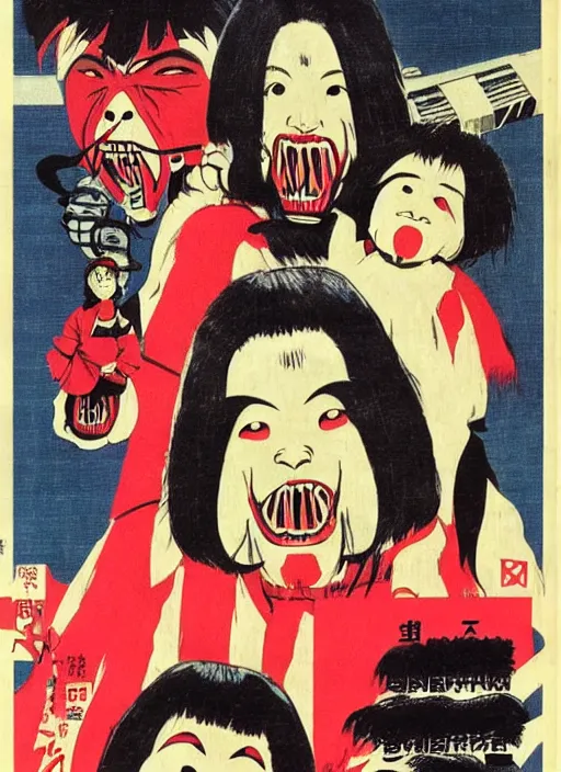 Image similar to vintage japanese movie poster with nightmarish monsters, from a 1 9 8 0 s japanese horror movie