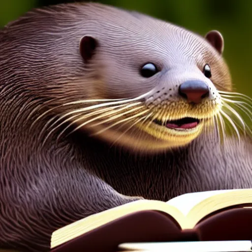 Image similar to a cute smiling otter reading a book at a desk, realistic