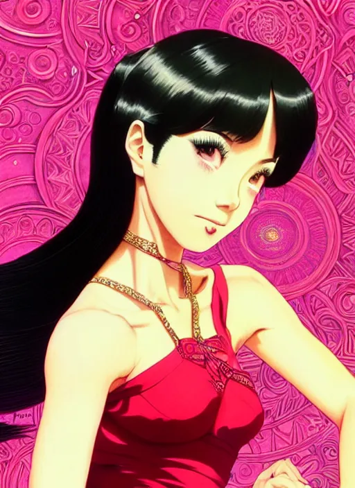 Image similar to a beautiful dancer with black hair in 1970's fashion, ballroom background, intricate, highly detailed, digital painting, artstation, official media, anime key visual, concept art, rich vivid colors, ambient lighting, sharp focus, illustration, art by Artgerm, Makoto Shinkai, Ilya Kuvshinov, Lois Van Baarle, and Rossdraws