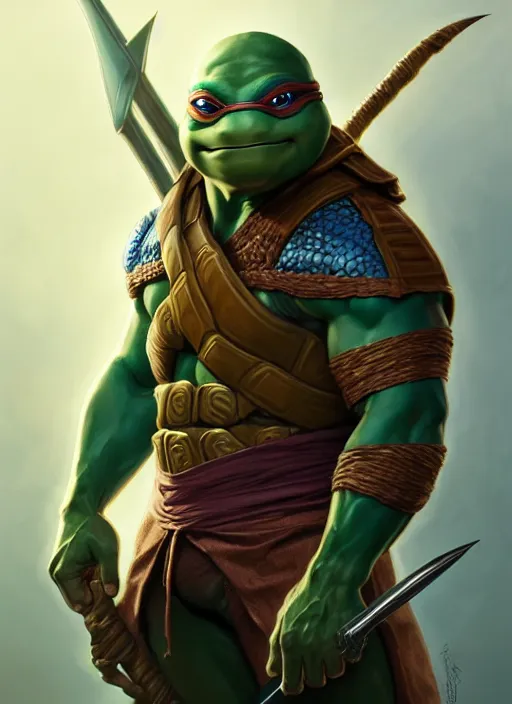 Image similar to Portrait of ninja turtle, D&D, muscular, fantasy, intricate, elegant, highly detailed, digital painting, artstation, concept art, smooth, sharp focus, illustration, art by artgerm and greg rutkowski and alphonse mucha