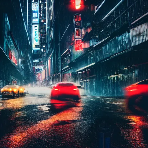 Image similar to a city street at night, raining, photograph, cars on the road, cyberpunk