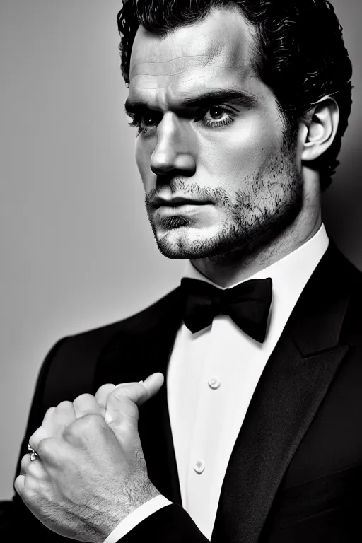 Image similar to portrait of henry cavill wearing an elegant tuxedo, 5 5 mm lens, professional photograph, black and white, elegant, serious, stern look