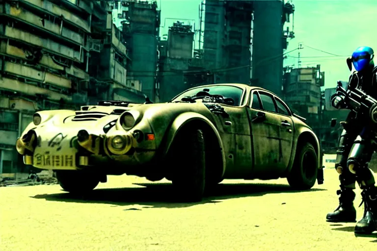 Image similar to masamune shirow movie still from ghost in the shell dieselpunk mad max alpine a 1 1 0 with guns installed