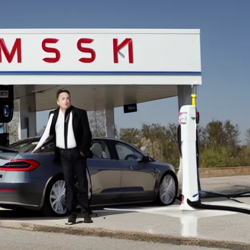 Prompt: Elon Musk at a gas station, photo