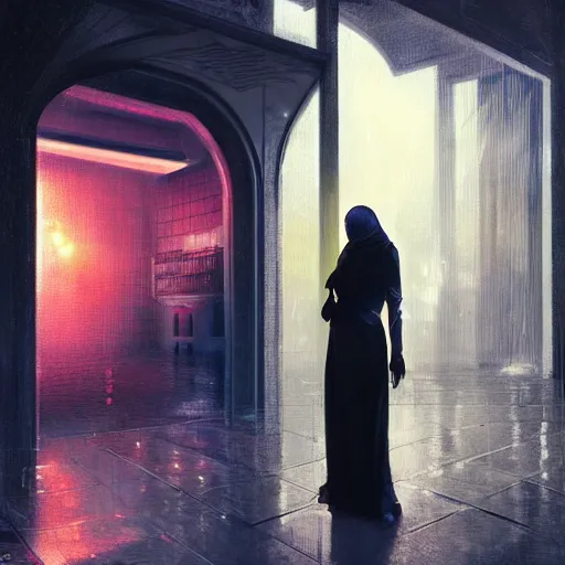 Prompt: detailed face of a woman, moment, courtyard, capital, cyberpunk mosque interior, control panel, watcher, omniscient, tech noir, wet reflections, neon, atmospheric, ambient, speed painting, livia prima, greg rutkowski, edward hopper