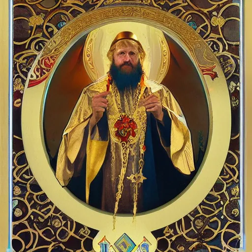 Image similar to painting of russian orthodox astronaut priest with gold visor by alphonse mucha, greg rutkowski, and bekzinski