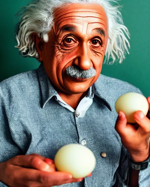 Prompt: A photo of Albert Einstein eating Rasgulla, highly detailed, trending on artstation, bokeh, 90mm, f/1.4