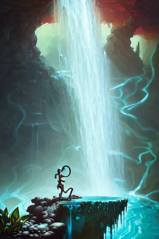 Image similar to water faucet person dnd character with a waterfall behind them by peter mohrbacher, basquiat