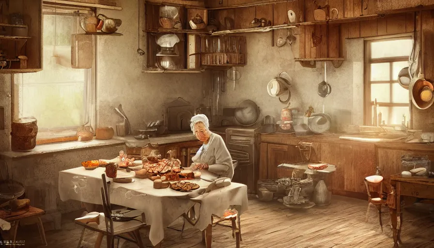Image similar to old polish lady cooking in an old kitchen, old 1 8 0 0's house, pan and plates, fruits and legumes, old wooden tables and chairs, hyperdetailed, artstation, cgsociety, 8 k