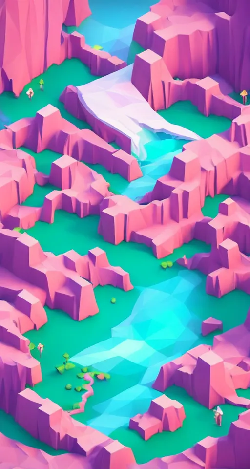 Image similar to matte 3d low poly cherry blossom island, pink waterfalls, isometric perspective on sky background, soft shadows, lat lighting, trending on artstation, 3d render, monument valley, fez video game,