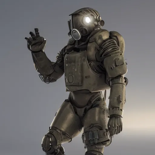 Image similar to a soldier wearing a full set of advanced submarine power armor, 3 d render, octane, ray tracing, ultra high detail, photorealistic, 8 k, steampunk