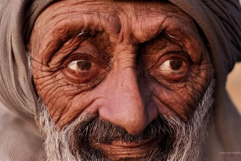 Image similar to hyperrealistic close up portrait of an old arabic man, wearing a turban, lit by dawn light, desert city on background, trending on artstation