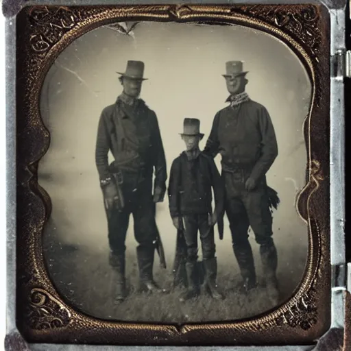 Prompt: tintype photo of hunters with a alien