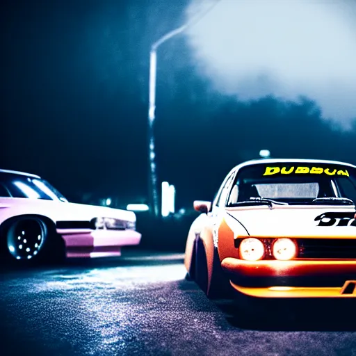 Image similar to a car S30 turbo drift at illegal car meet, Gunma prefecture, midnight mist lights, cinematic color, photorealistic, highly detailed wheels, highly detailed