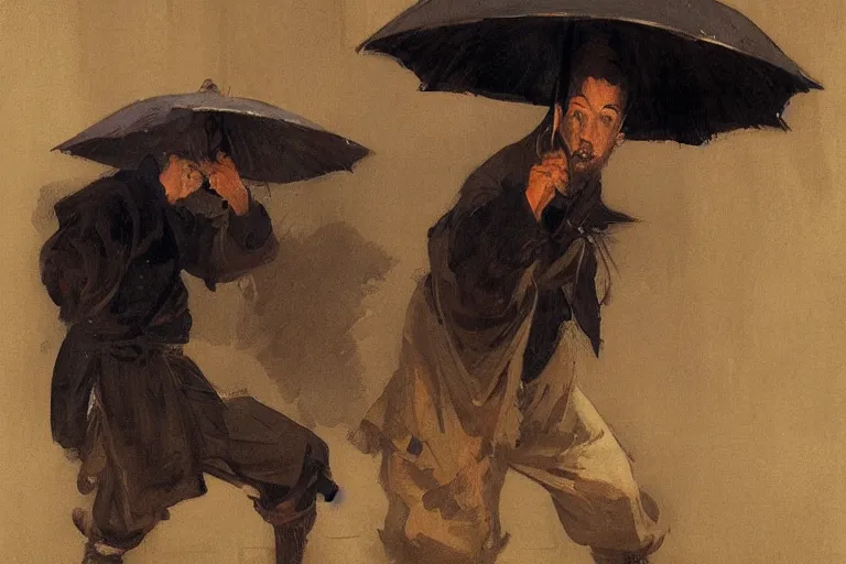 Image similar to portrit of a ninja on a rainy night by joaquin sorolla, greg rutkowski, hokusai