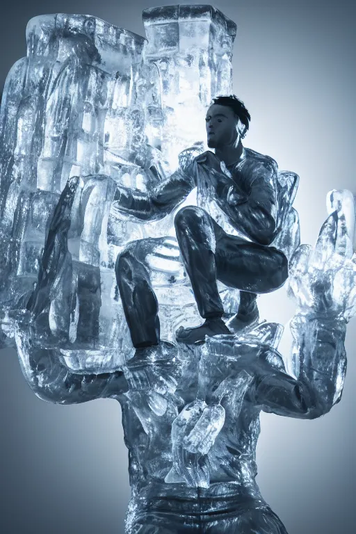 Prompt: ice sculpture of squatting man in tracksuit, shiny, ultra realistic render, 4k, volumetric lighting, highly detailed, studio lighting, octane render, glowng, ray tracing, cold mist, bokeh