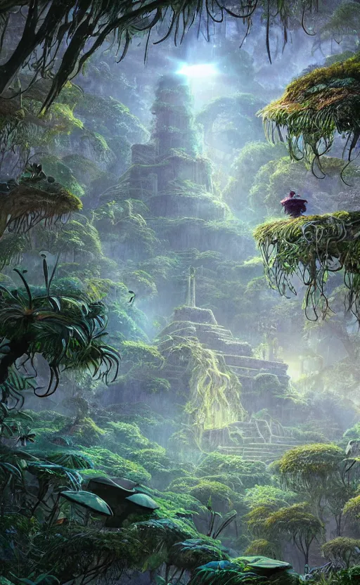 Image similar to microscopic tardigrade, microbiology, magical forest, ruins, civilization, vegetation, mayan temple, futuristic, sharp focus, electric, backlight, furry, soft, concept art, intricate details, highly detailed, photorealistic, disney pixar, james gilleard, moebius, print, iridescent, global illumination, anime, game art