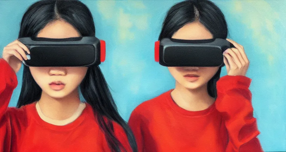 Image similar to a gen z teenage asian girl wearing vr googles, aged desaturated oil painting by mai trung thu