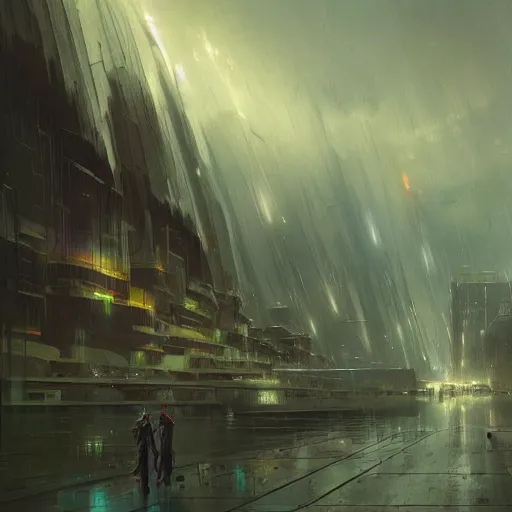 Image similar to concept art of a futuristic city near to a big lake by greg rutkowski, storm clouds, nostalgic, very very very beautiful art, cinematic lighting, romanticism by goya, bright pastel color, blue sky