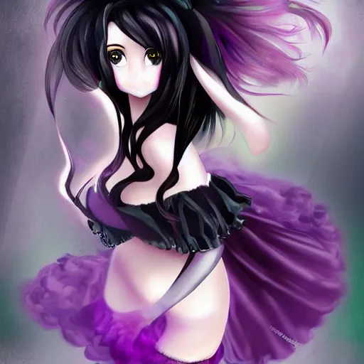 Image similar to a beautiful anime woman with long black hair, wearing a black corset top and a purple tutu, digital art, fantasy art