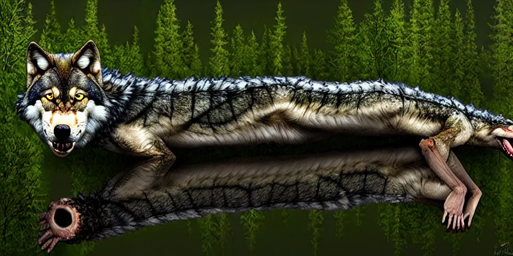 Image similar to chimera made of a wolf and a crocodile, awarded on pixiv, trending on deviantart, realistic birch wood swamp, professional photoshop utilizing real life photos