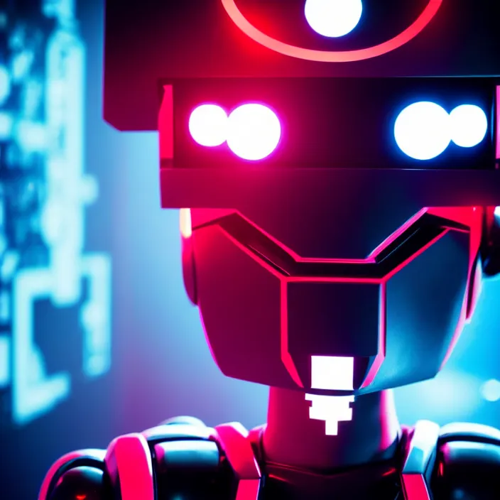 Image similar to a photo of a robot with red eyes playing video games, cool, hd, intricate details, soft lighting, cyberpunk, cinematic, beautiful