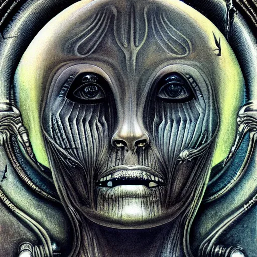 Prompt: portrait of a beautiful woman, alien, high detail, painting by hr giger