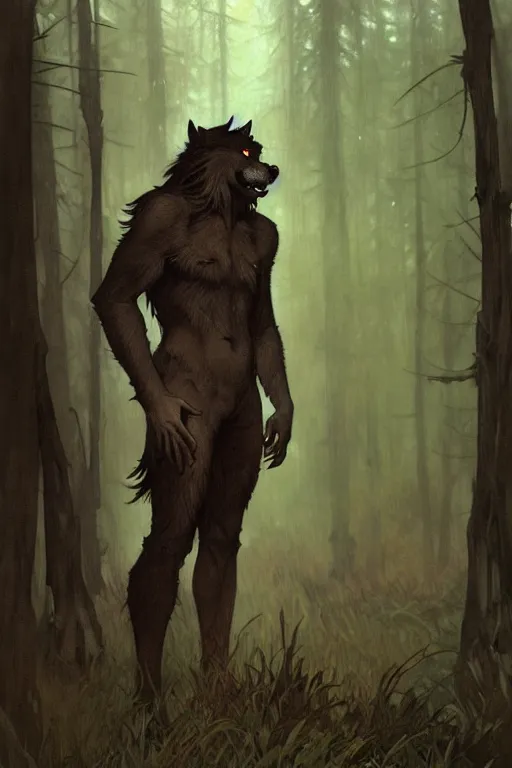 Image similar to fullbody portrait of a male werewolf, bared teeth, long claws, by greg rutkowski and alphonse mucha, gradient brown to silver, in front of a forest at night background, highly detailed portrait, digital painting, artstation, concept art, smooth, sharp focus illustration