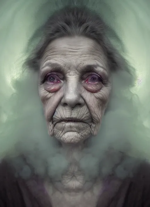 Image similar to an ethereal, misty portrait of an old woman whose face is accented with neon - toned glowing eyeliner. the makeup floats off her face and joins swirling clouds of smoke and fog, becoming an aurora. muted tones. surreal portrait, cinematic lighting, 8 k, smooth, sharp focus, digital painting, rendered in octane, painted by tom bagshaw, artgerm