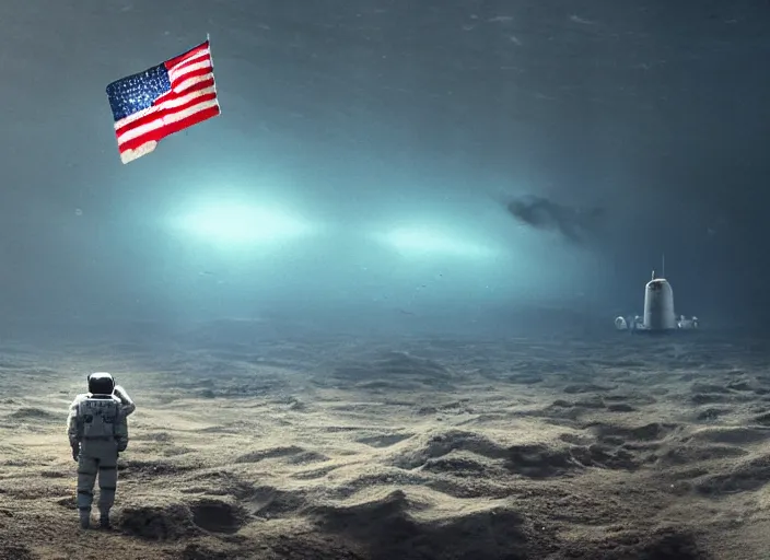 Image similar to astronaut holding a flag in an underwater desert. a submarine is visible in the distance. dark, concept art, cinematic, dramatic, atmospheric, 8 k, trending on artstation, blue, fish, low visibility, fog, ocean floor, christopher nolan, interstellar